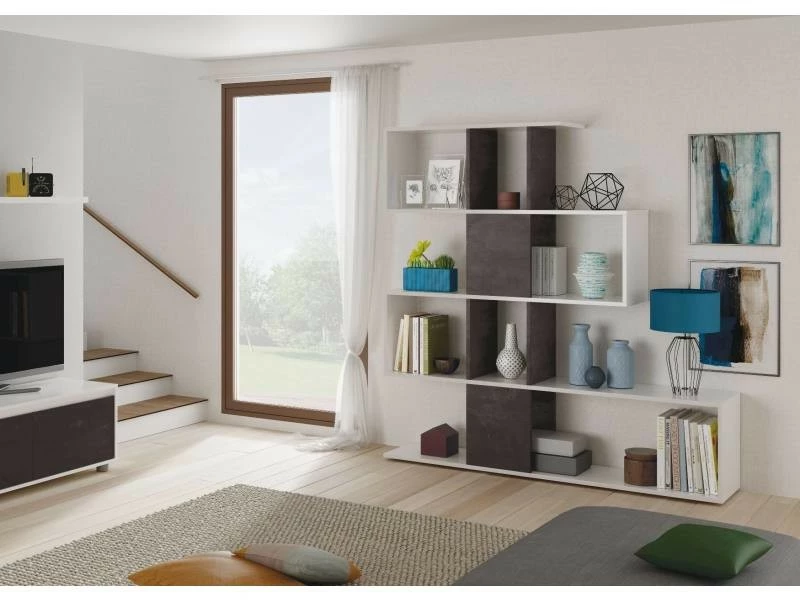 Bibliothèque Décorative Et Fonctionnelle à Cinq Compartiments, Blanche Avec Inserts Marron, Dimensions 145 X 145 X 29 Cm