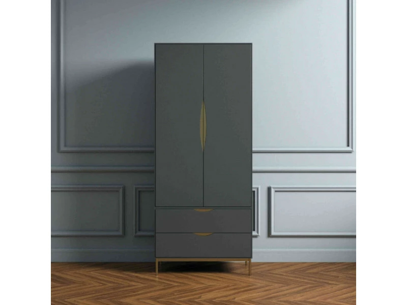 Armoire 2 Portes 2 Tiroirs En Bois Anthracite Avec Pieds En Acier - Bi0048