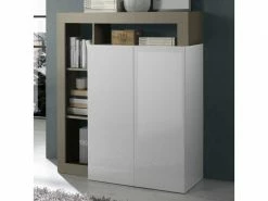 TOUSMESMEUBLES Meuble D'entrée 2 Portes Blanc Laqué Brillant/taupe Mat - Ischia - L 108 X L 42 X H 127 - Neuf