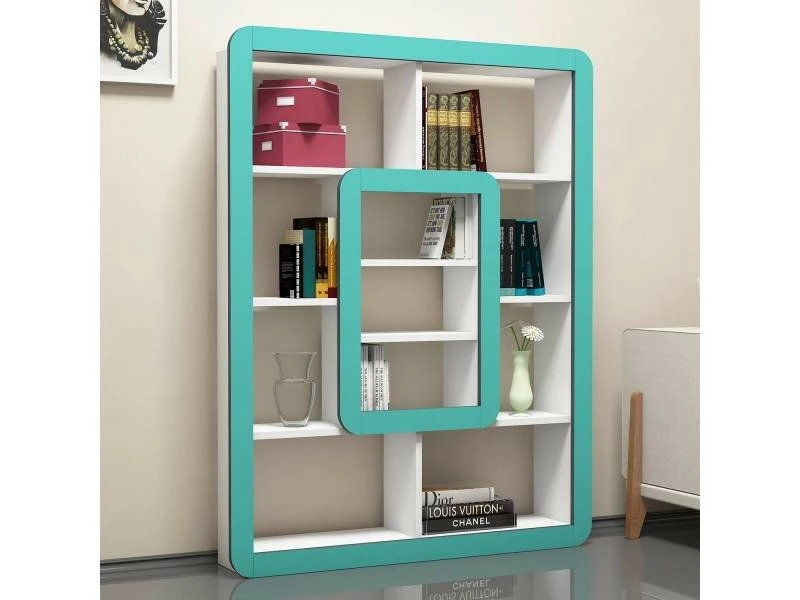 MENZZO Étagère Bibliothèque Infula Liseré 140cm Bois Blanc Et Turquoise