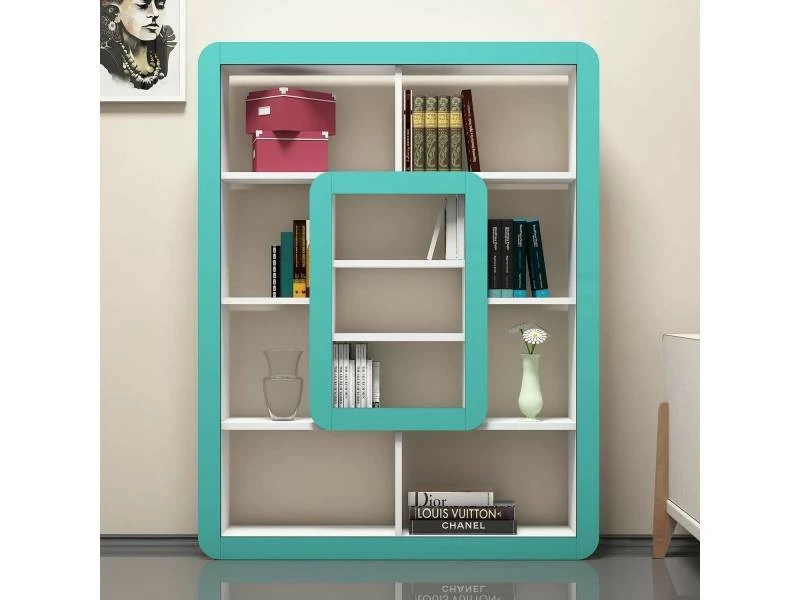 MENZZO Étagère Bibliothèque Infula Liseré 140cm Bois Blanc Et Turquoise – Image 2