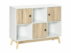 HOMCOM Bibliothèque Meuble De Rangement Design Scandinave 3 Niches 3 Portes Panneaux Particules Blanc Aspect Chêne Clair
