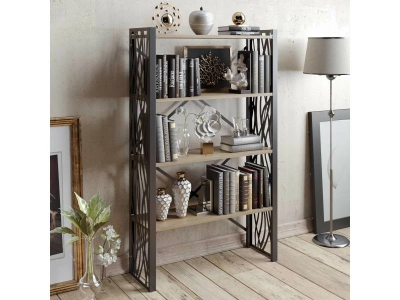 Bibliothèque 4 étagères Vestigium Bois Naturel Et Métal Maille Noir