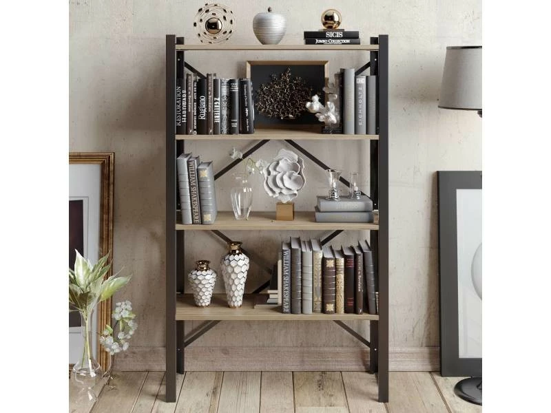 Bibliothèque 4 étagères Vestigium Bois Naturel Et Métal Maille Noir – Image 2