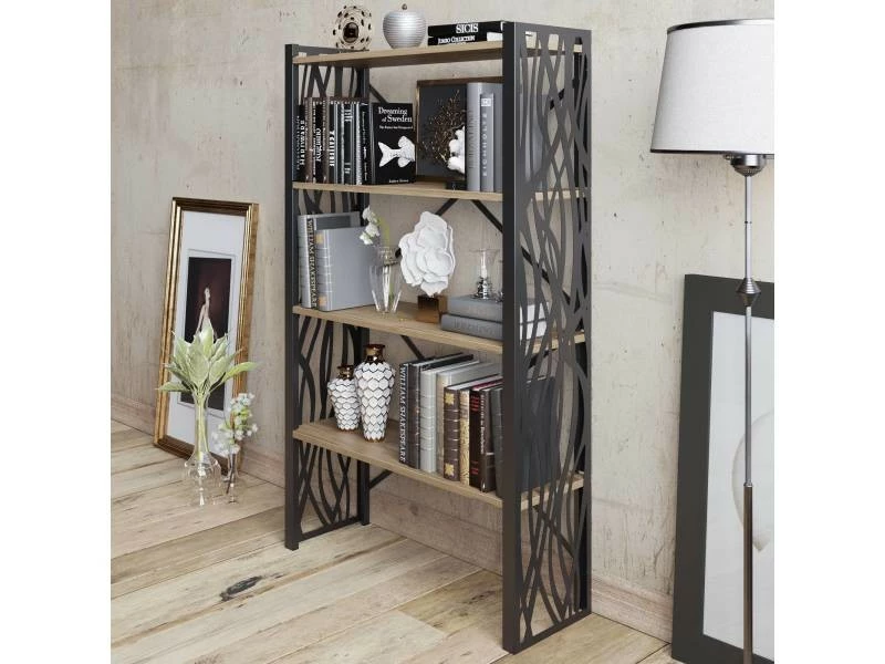 Bibliothèque 4 étagères Vestigium Bois Naturel Et Métal Maille Noir – Image 3