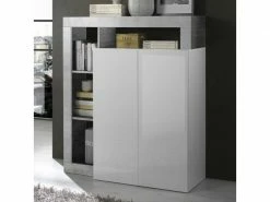 Meuble D'entrée 2 Portes Blanc Laqué Brillant/béton Ciré Clair - Ischia - L 108 X L 42 X H 127 - Neuf