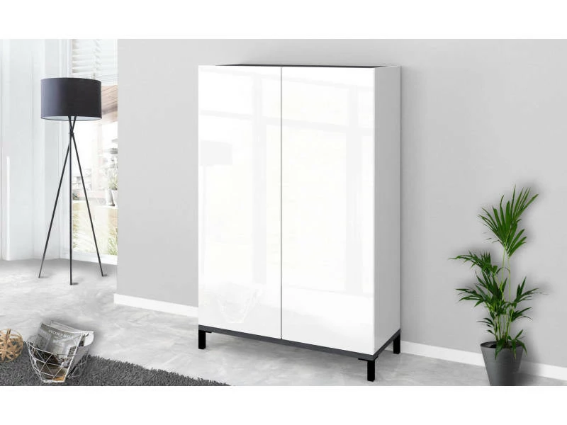 Meuble à Chaussures Moderne à 2 Portes, Made In Italy, Meuble à Chaussures D'entrée, Meuble Polyvalent, Cm 90x40h147, Blanc Brillant Et Ardoise