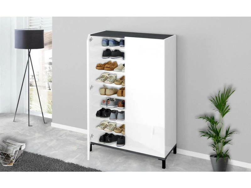 Meuble à Chaussures Moderne à 2 Portes, Made In Italy, Meuble à Chaussures D'entrée, Meuble Polyvalent, Cm 90x40h147, Blanc Brillant Et Ardoise – Image 3