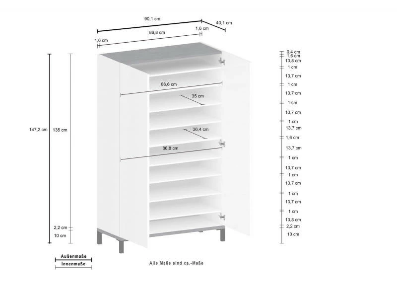 Meuble à Chaussures Moderne à 2 Portes, Made In Italy, Meuble à Chaussures D'entrée, Meuble Polyvalent, Cm 90x40h147, Blanc Brillant Et Ardoise – Image 5