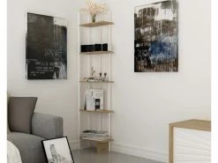 MENZZO Étagère Bibliothèque D'angle Haesitavit 180cm Bois Chêne Et Métal Blanc