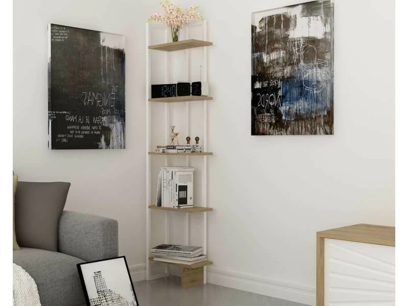 MENZZO Étagère Bibliothèque D'angle Haesitavit 180cm Bois Chêne Et Métal Blanc