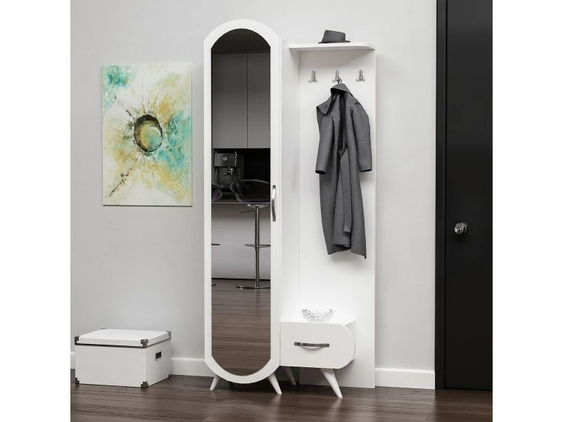 Homemania Vestiaire - Meuble D’entree Kerry Armoire - Avec étagères à Chaussures, Miroir, Porte, Tiroir - Blanc En Bois, 80 X 35 X 180 Cm