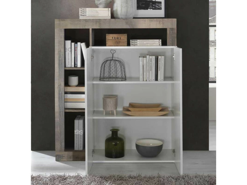 TOUSMESMEUBLES Meuble D'entrée 2 Portes Blanc Laqué Brillant/bois Fumé - Ischia - L 108 X L 42 X H 127 - Neuf – Image 2