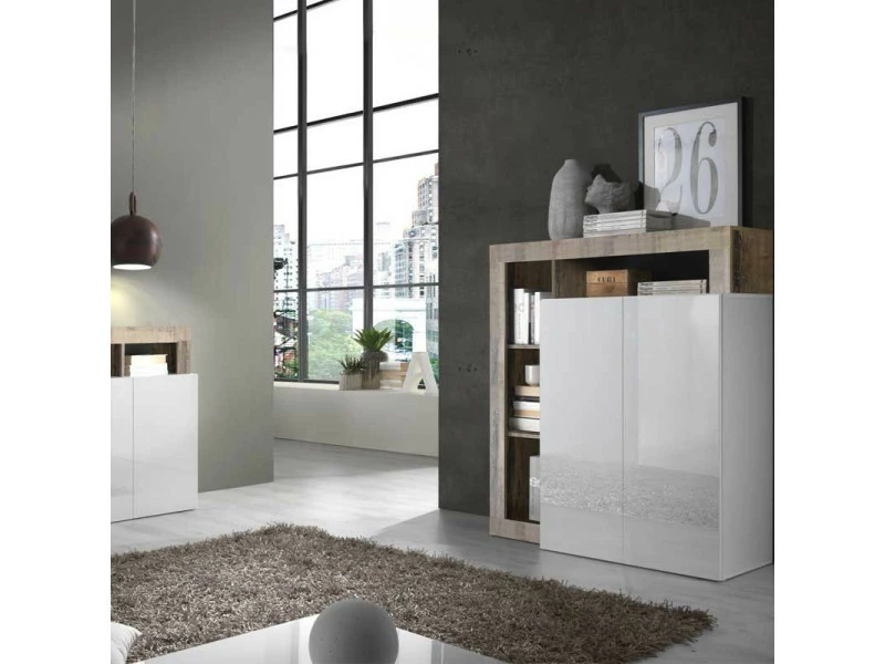 TOUSMESMEUBLES Meuble D'entrée 2 Portes Blanc Laqué Brillant/bois Fumé - Ischia - L 108 X L 42 X H 127 - Neuf – Image 5