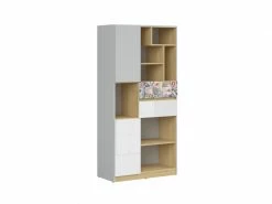 Bibliothèque 2 Portes 2 Tiroirs Pop Gris, Blanc Et Sticker