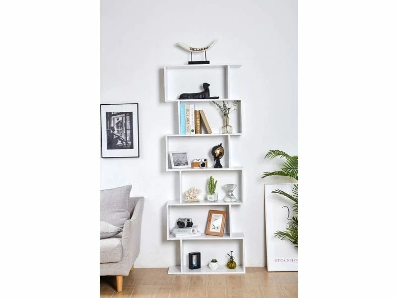 Bibliothèque Blanche Contemporaine - étagère Zig Zag à 6 Niveaux - Meuble De Rangement - Cloison Pour Salon – Image 3