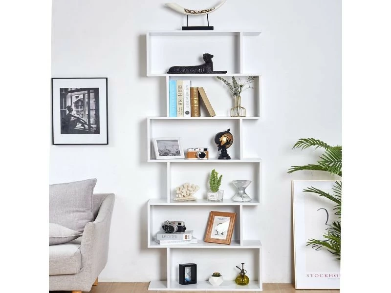 Bibliothèque Blanche Contemporaine - étagère Zig Zag à 6 Niveaux - Meuble De Rangement - Cloison Pour Salon – Image 4