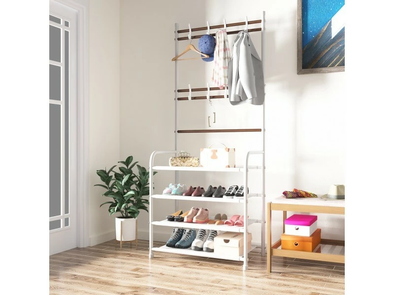 ORGANIZE Porte Manteau Sur Pieds - Vestiaire Avec 4 étagères De Rangement A Chaussures - Meuble Entree En Acier Avec 8 Crochets, Pour Manteaux, Chapeaux, Sacs (blanc)