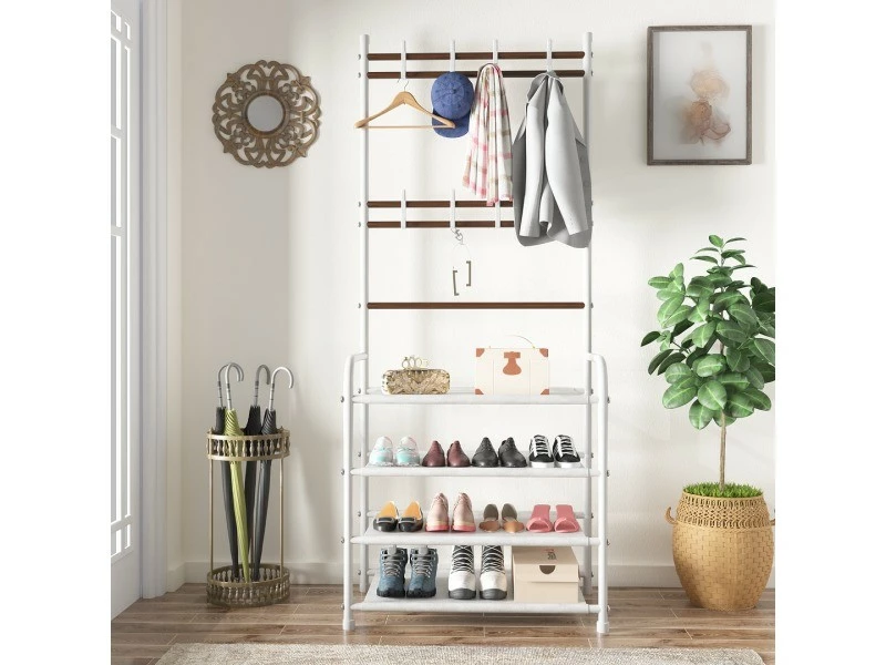 ORGANIZE Porte Manteau Sur Pieds - Vestiaire Avec 4 étagères De Rangement A Chaussures - Meuble Entree En Acier Avec 8 Crochets, Pour Manteaux, Chapeaux, Sacs (blanc) – Image 5