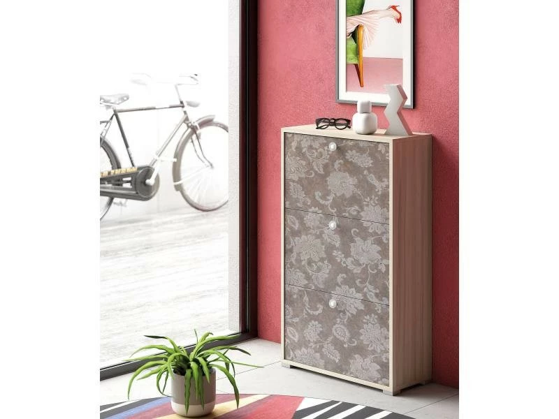 Meuble à Chaussures Moderne Avec 3 Portes Battantes, 100% Made In Italy, Meuble à Chaussures Entrée Double Profondeur, 67x28h112 Cm, Couleur Orme Et Motif Fleuri