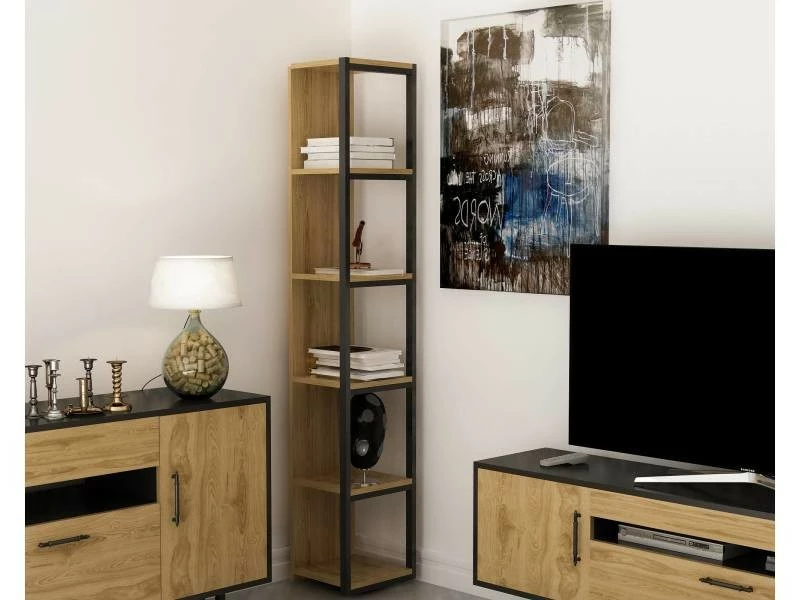 MENZZO Etagères Bibliothèque D'angle Clapus L33,7xh180cm Bois Chêne Clair Et Métal Noir – Image 2