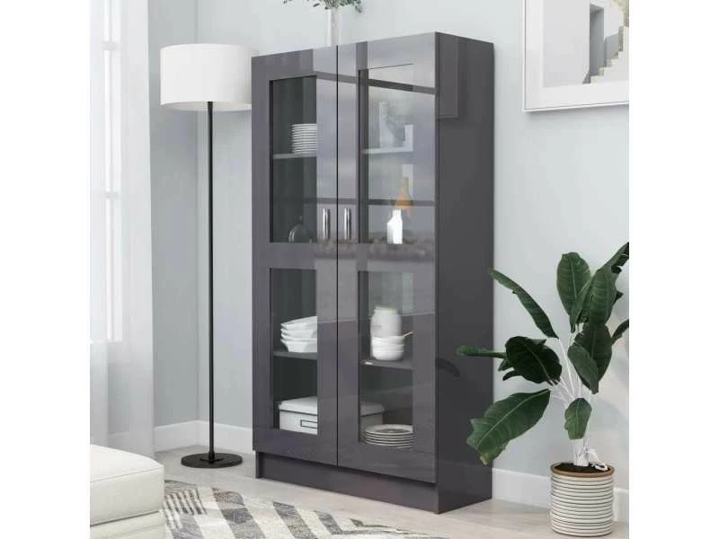 Icaverne - Bibliothèques Reference Armoire à Vitrine Gris Brillant 82,5x30,5x150 Cm Aggloméré – Image 2